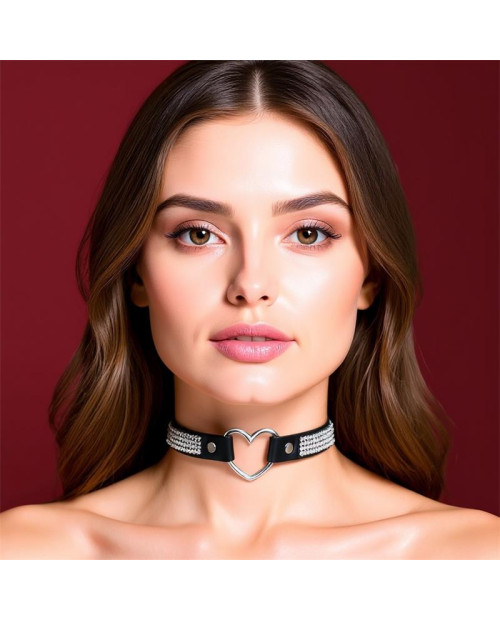 Collar with Heart and Rhinestones Choker Style Vegan Leather One Size