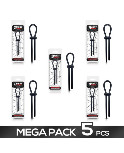 Pack of 5 Adjustable Lasso Penis Ring Solid Silicone Black