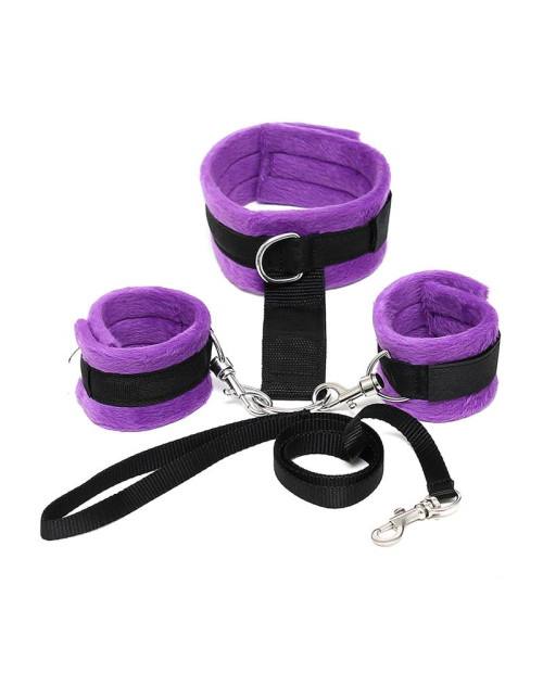 Handcuffs to Collar with Leash Adjustable and Detachable Purple