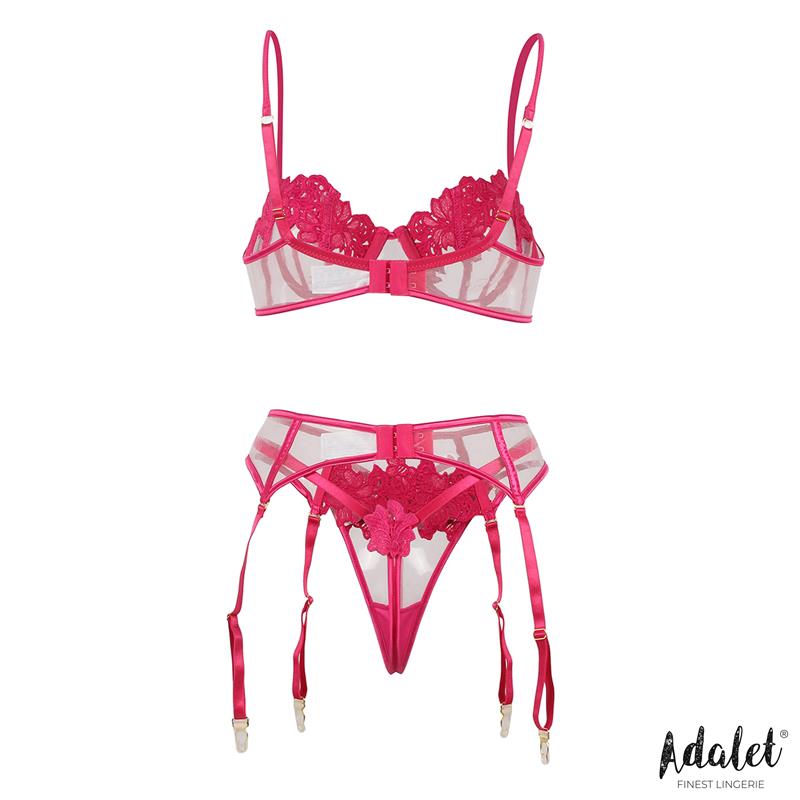 Nora bra, thong, and garter belt Set with Flowers Fuchsia