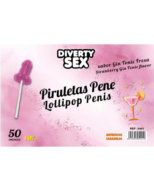 50 penis-shaped lollipops gin tonic-strawberry flavor 10% alcohol